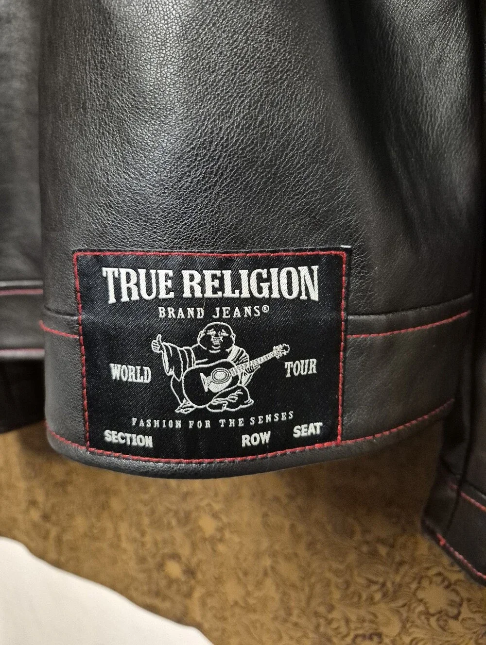 True Religion Black Leather Bomber Jacket with Red Stitching